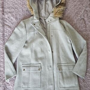 Women's Gray Hooded Coat with Faux Fur Trim